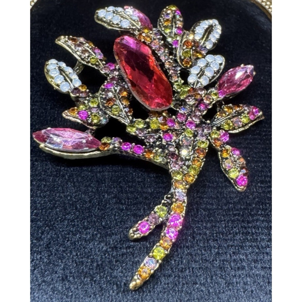 Vintage Rhinestone Floral Spray Brooch Pink Red Aurora Borealis Statement Piece